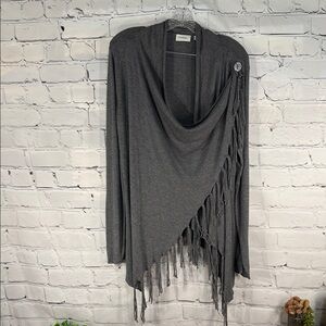Elegant Gray Draped Asymmetrical Sweater Poncho Cardigan with Fringe